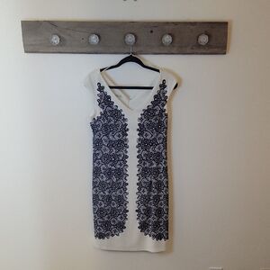 Maggy London Black and Cream Faux Lace Midi Dress SZ 8